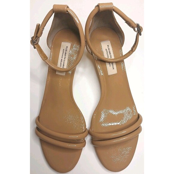 Antonio Melani Sandals Sz 6.5 Tan Brown Patent Leather Strappy Kitten Heel $150 - Picture 2 of 16